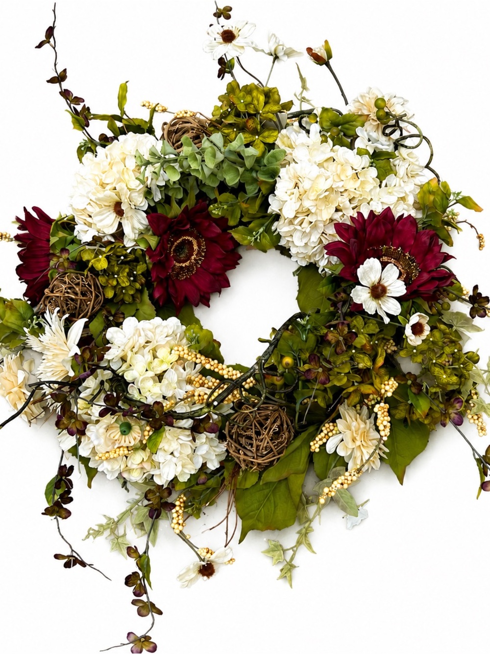 Handmade Woodland Floral Wreath Hydrangeas, Burgundy Flowers
Grapevine Accents